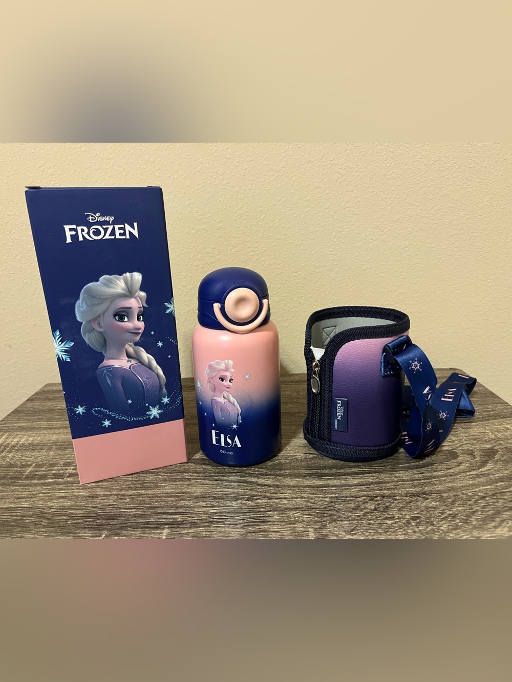 Disney Frozen Elsa Kids Water Bottle with Insulated Sleeve - Pink and Navy